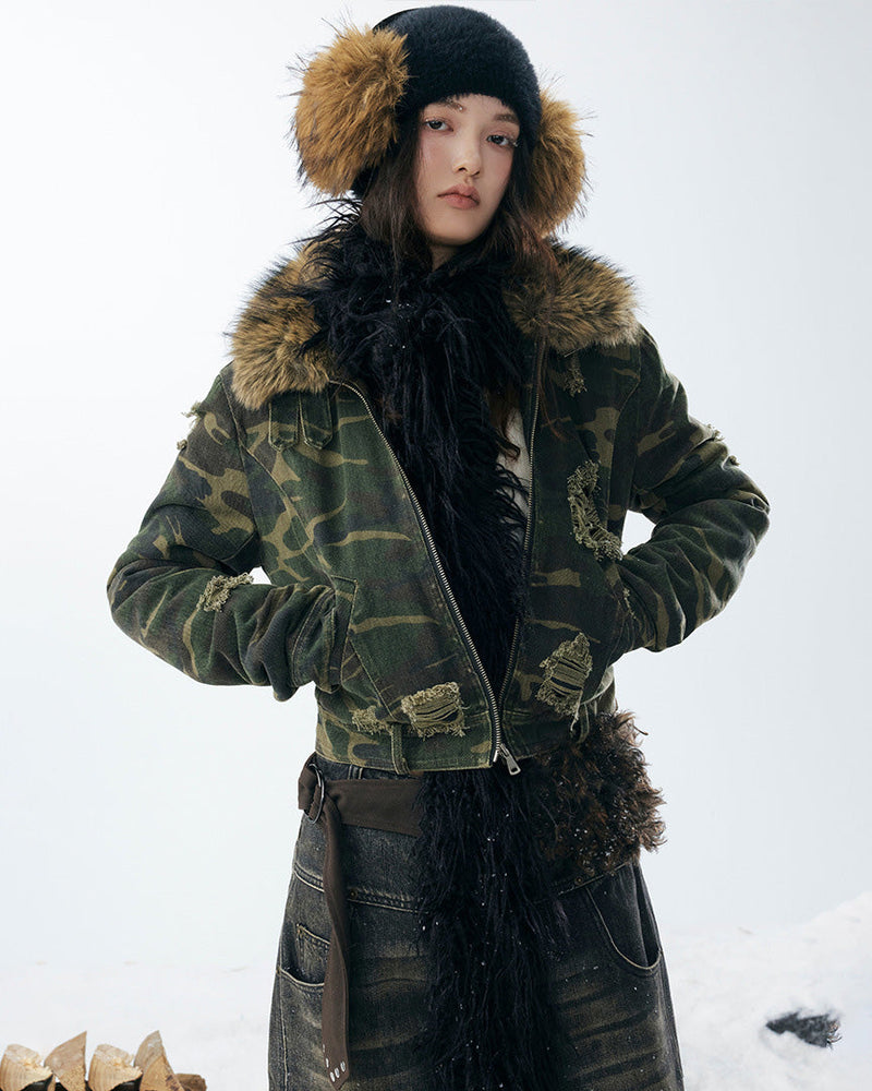 嘉衣库潮牌2025新款冬季可拆卸毛领迷彩棉服短款外套水洗破坏棉衣 NOCTONE