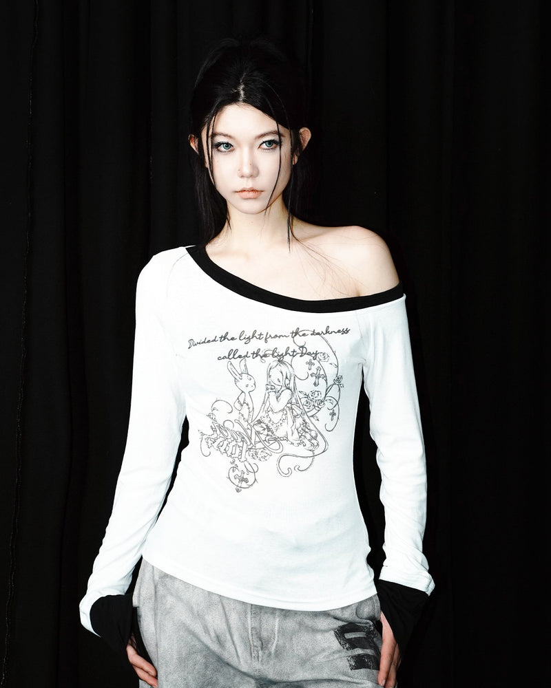 Asymmetric Neck Long Sleeve Shirt God plan