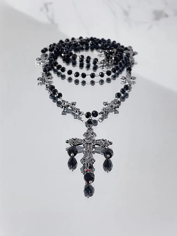 ゴシックスタイルブラッククロスビーズネックレスレディースロングセーターチェーンニッチデザイン高級パーカーチェーンアクセサリー NOCTONE