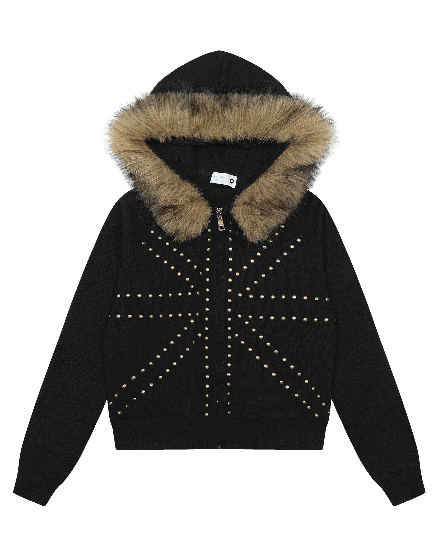 Fudge Pink 25秋季New美式复古辣妹个性撞钉设计毛领连帽卫衣开衫 NOCTONE