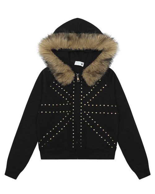 Fudge Pink 25秋季New美式复古辣妹个性撞钉设计毛领连帽卫衣开衫 NOCTONE