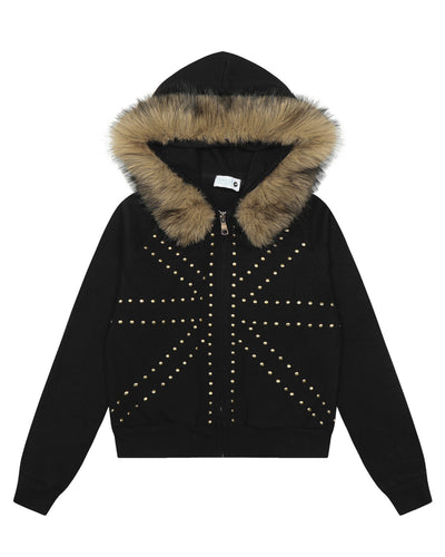 Fudge Pink 25秋季New美式复古辣妹个性撞钉设计毛领连帽卫衣开衫 NOCTONE