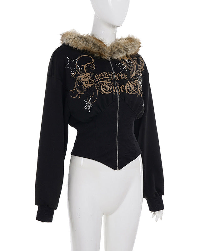 美式辣妹风印花烫钻连帽毛毛外套女亚马逊新款拉链不规则修身卫衣 NOCTONE