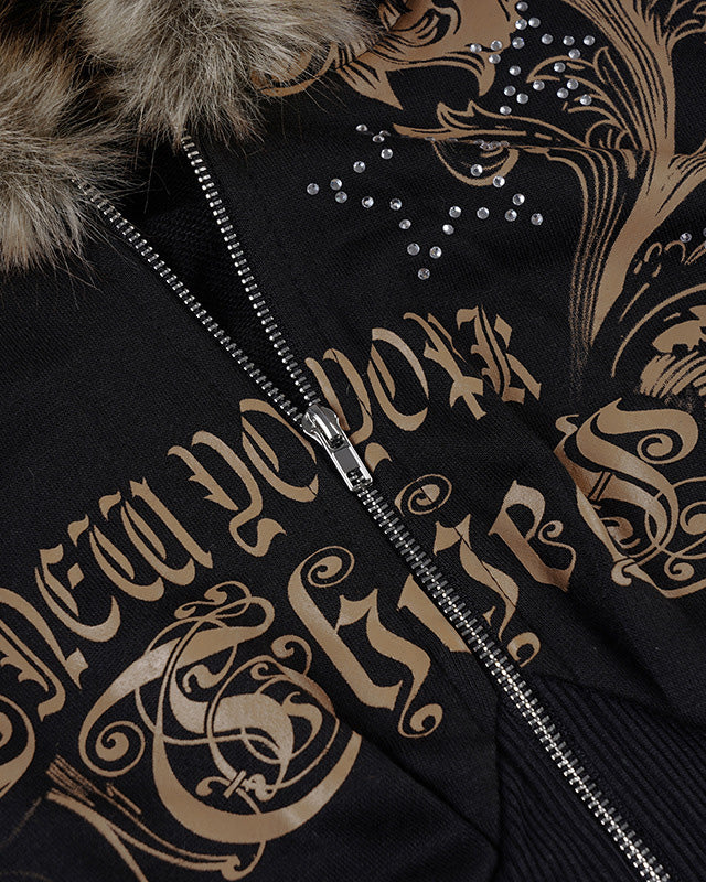 美式辣妹风印花烫钻连帽毛毛外套女亚马逊新款拉链不规则修身卫衣 NOCTONE