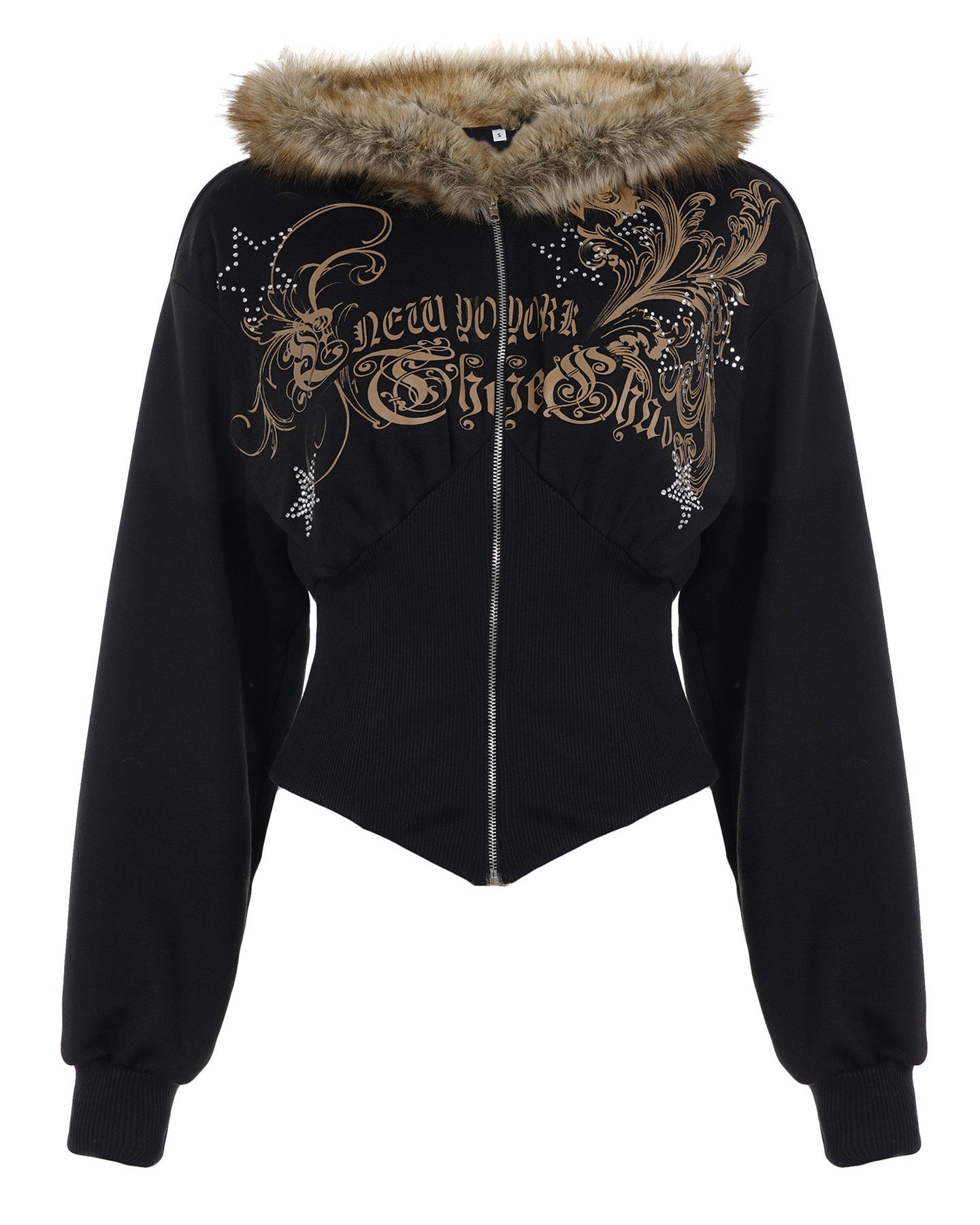 美式辣妹风印花烫钻连帽毛毛外套女亚马逊新款拉链不规则修身卫衣 NOCTONE