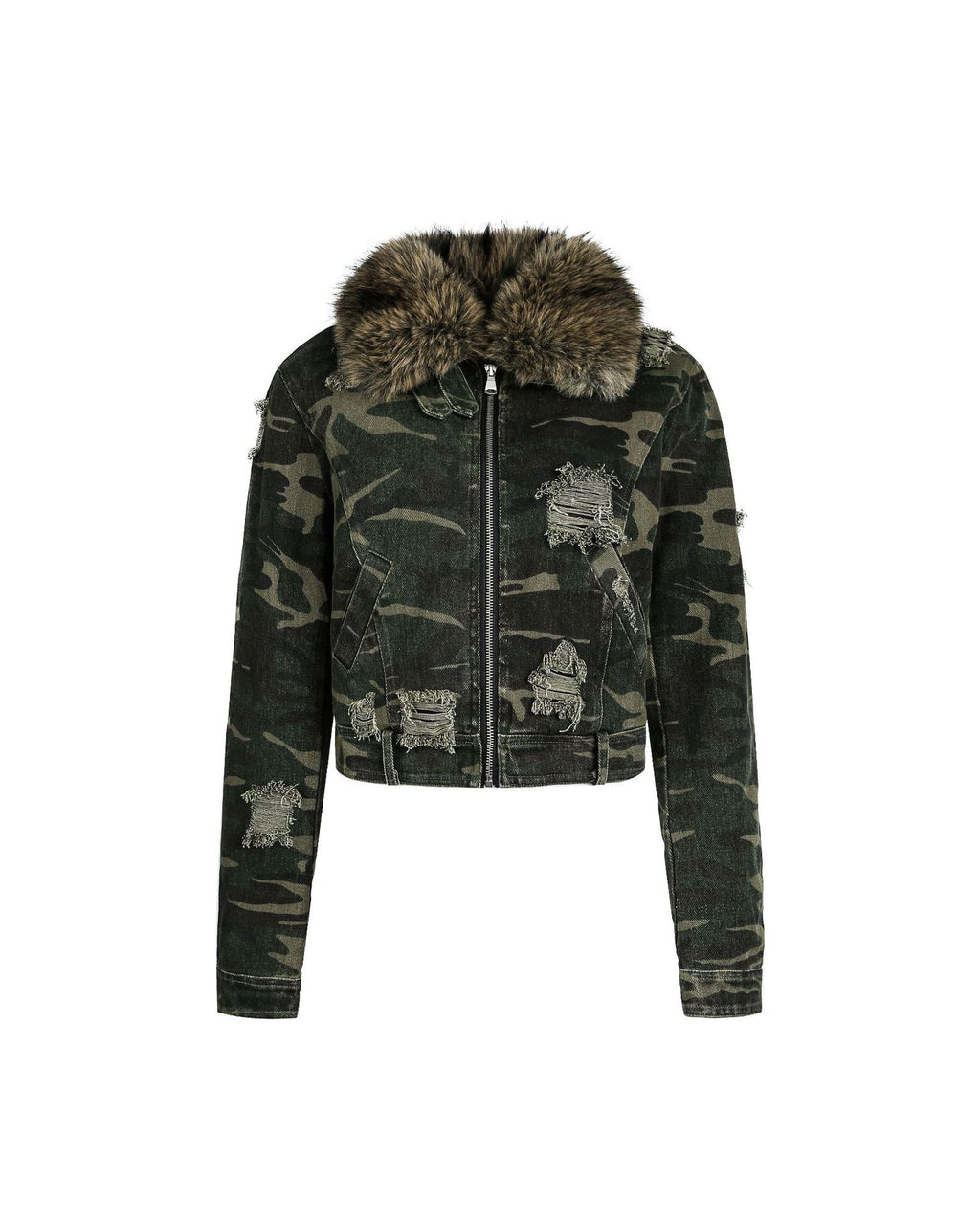 嘉衣库潮牌2025新款冬季可拆卸毛领迷彩棉服短款外套水洗破坏棉衣 NOCTONE