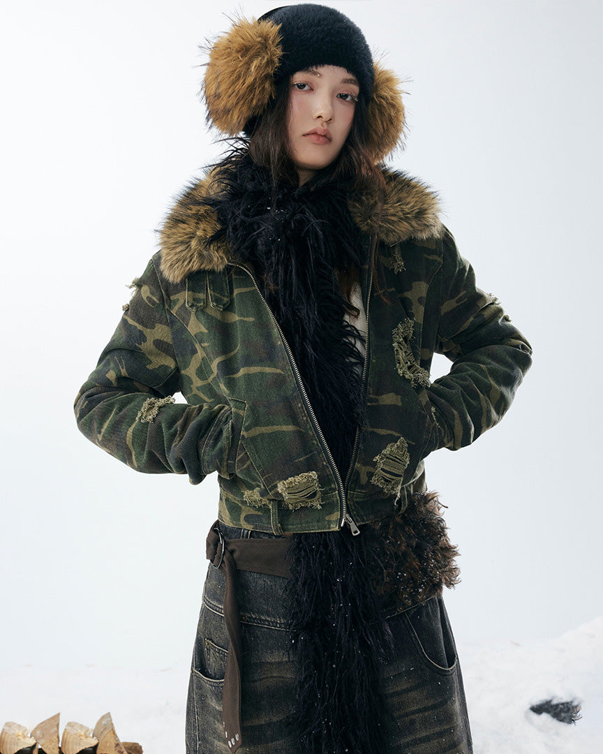 嘉衣库潮牌2025新款冬季可拆卸毛领迷彩棉服短款外套水洗破坏棉衣 NOCTONE