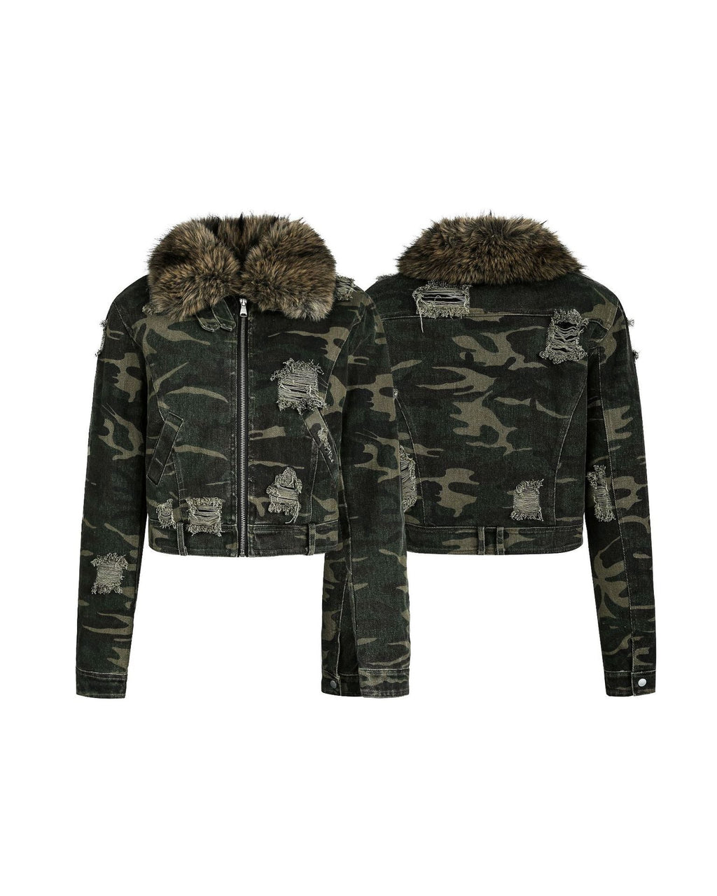 嘉衣库潮牌2025新款冬季可拆卸毛领迷彩棉服短款外套水洗破坏棉衣 NOCTONE