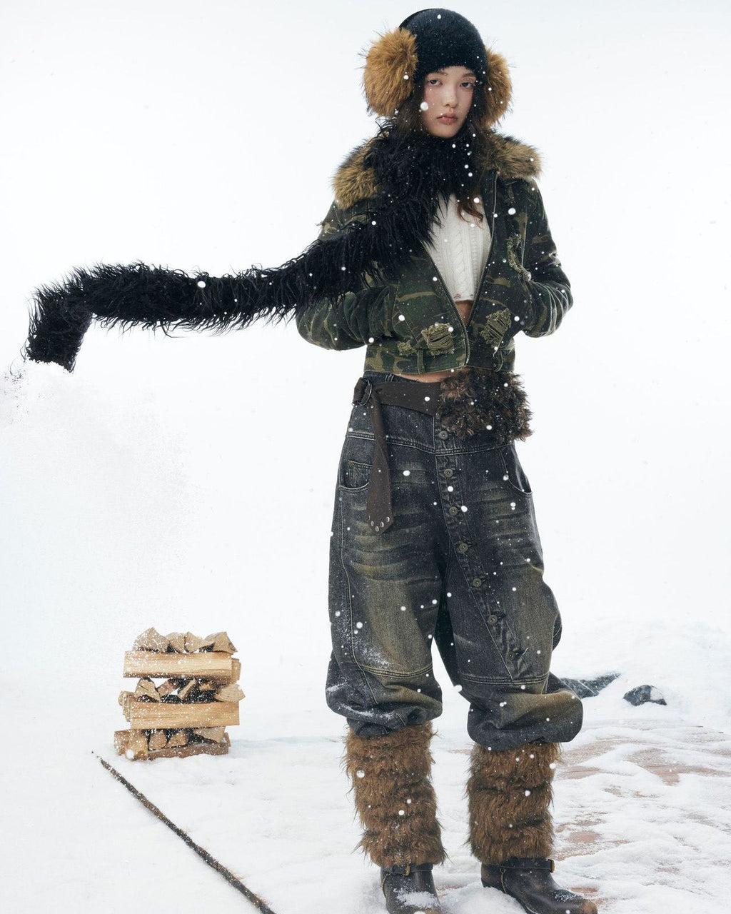 嘉衣库潮牌2025新款冬季可拆卸毛领迷彩棉服短款外套水洗破坏棉衣 NOCTONE