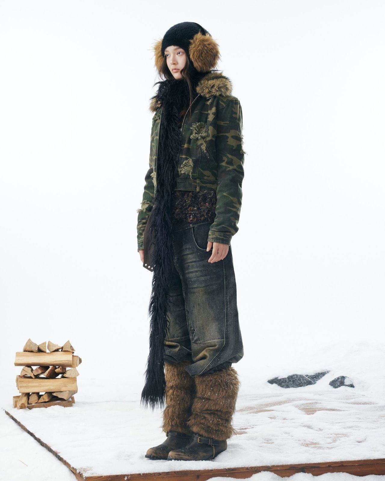 嘉衣库潮牌2025新款冬季可拆卸毛领迷彩棉服短款外套水洗破坏棉衣 NOCTONE