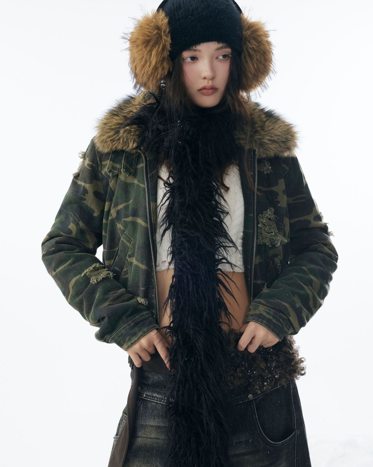 嘉衣库潮牌2025新款冬季可拆卸毛领迷彩棉服短款外套水洗破坏棉衣 NOCTONE