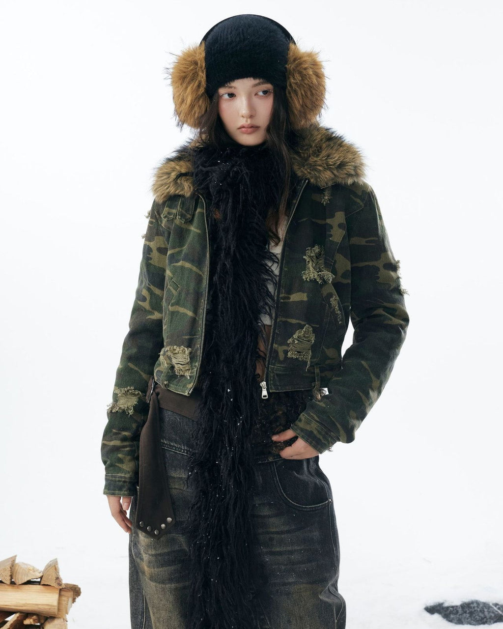嘉衣库潮牌2025新款冬季可拆卸毛领迷彩棉服短款外套水洗破坏棉衣 NOCTONE