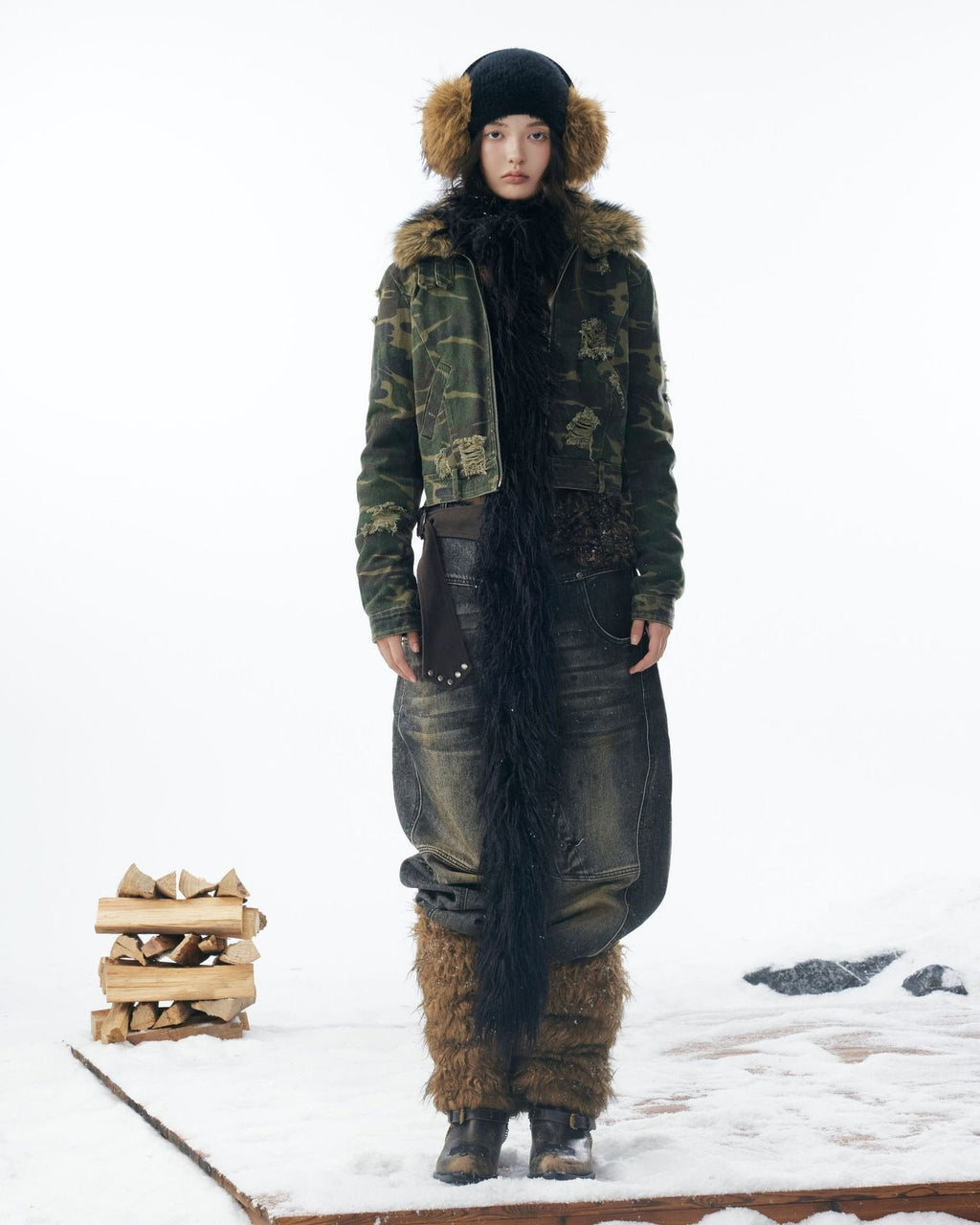 嘉衣库潮牌2025新款冬季可拆卸毛领迷彩棉服短款外套水洗破坏棉衣 NOCTONE