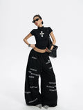 女性用ワイルドゼロブラックTシャツ夏用アメリカンスリムフィットスリムデザインニッチショルダースモールハイネック半袖トップ NOCTONE
